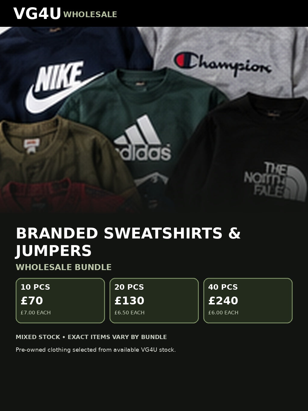 Branded sweatshirts and jumpers wholesale UK VG4U 10 20 40 pieces