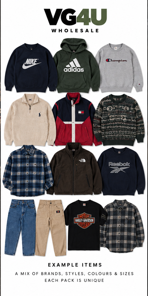 Example mixed vintage clothing wholesale stock on white background