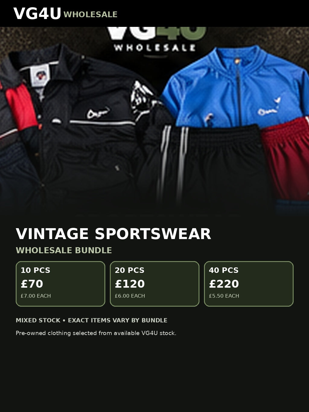 Vintage sportswear wholesale bundle UK VG4U 10 20 40 pieces